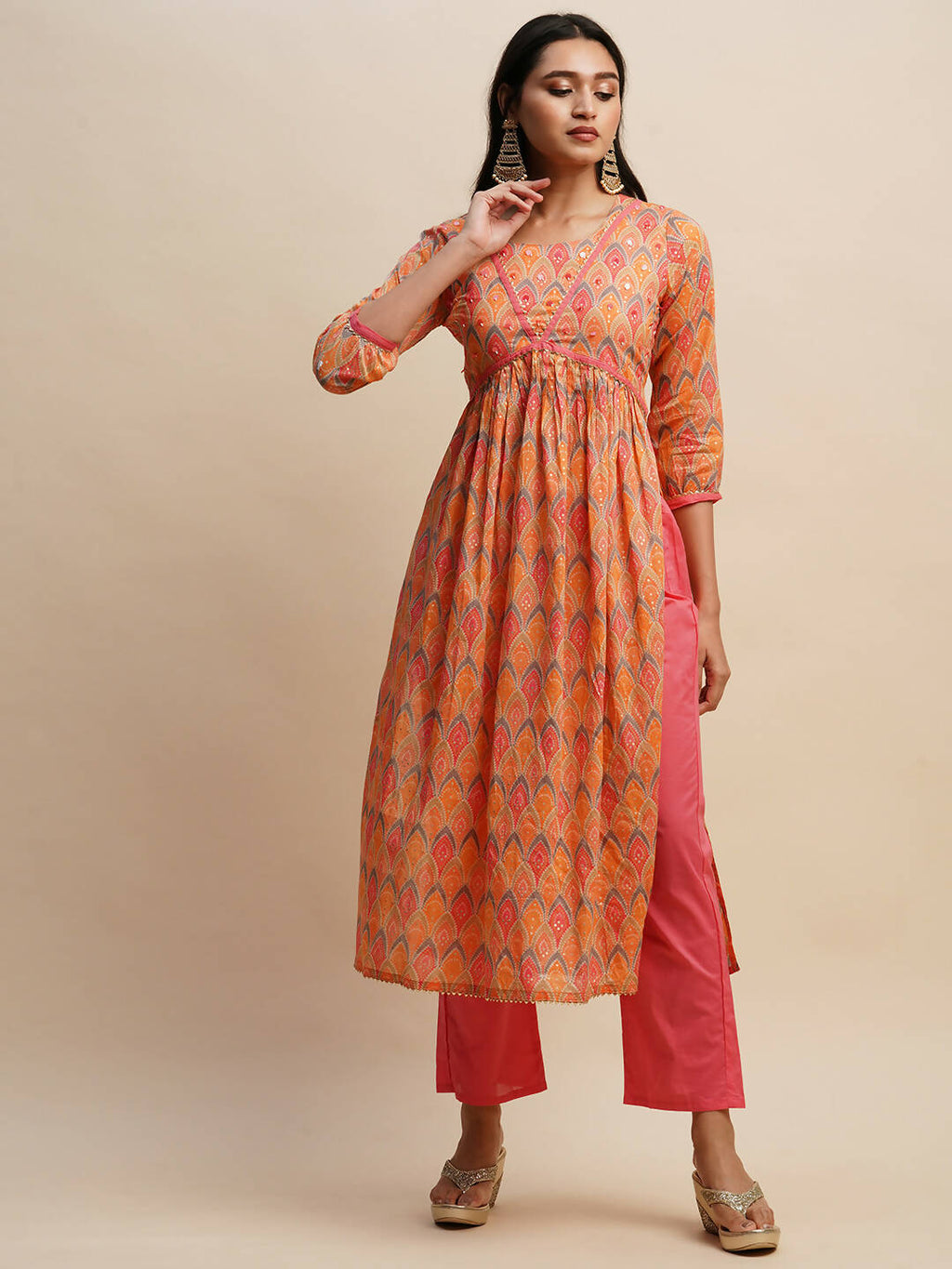 Orange Pure Cotton Bandhani Printed Naira Cut Kurta And Bottom With Dupatta - Akashara | Grocsy