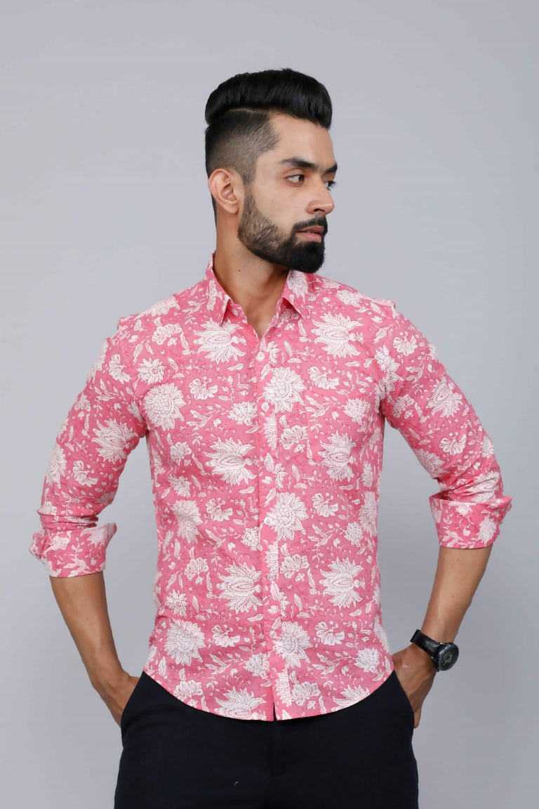 Miravan Men's Pink Floral Print Comfort Cotton Casual Shirt | Grocsy