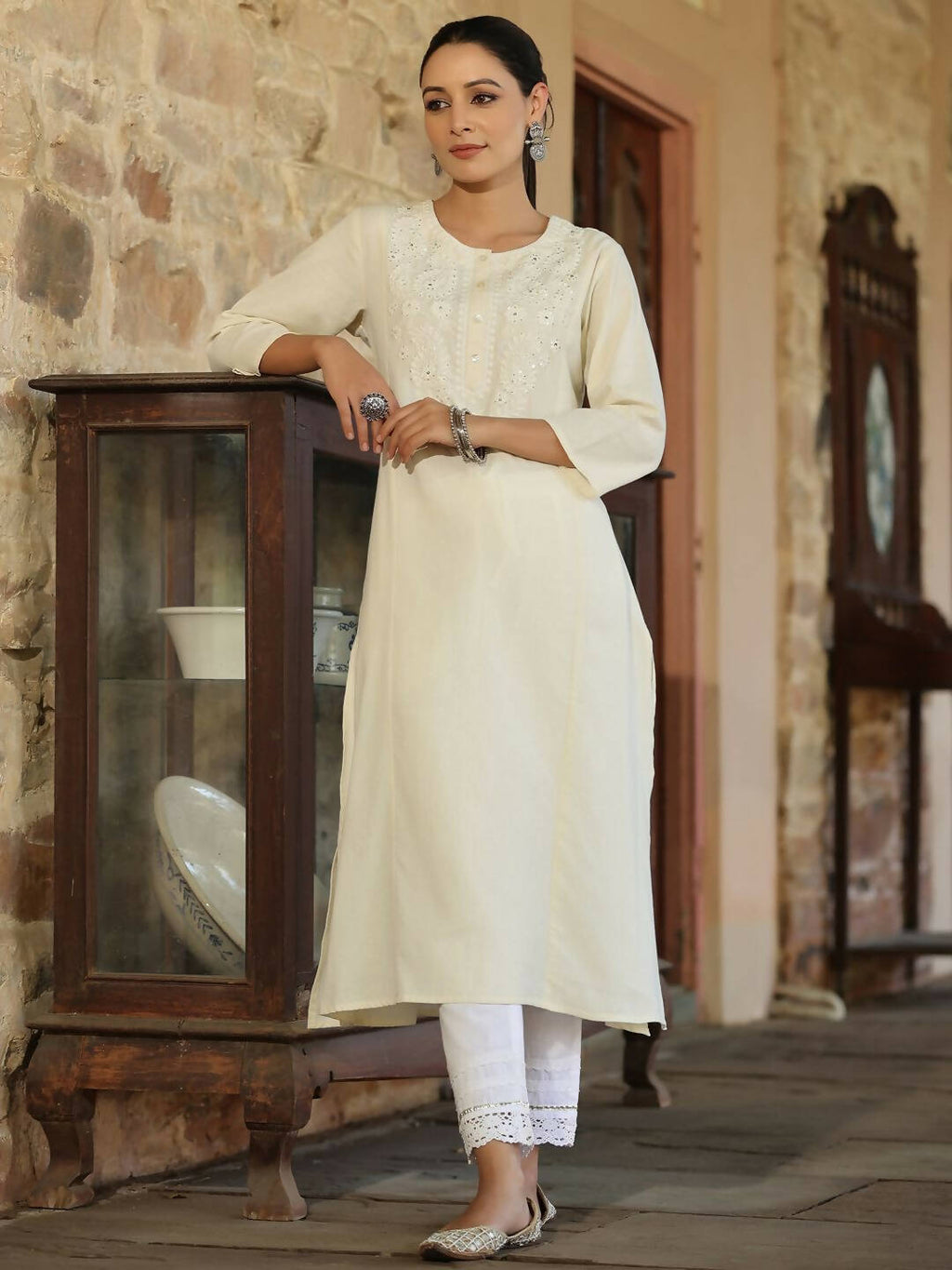 Juniper Women's Offwhite Cotton Flex Embroidered Straight Kurta | Grocsy