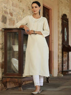 Juniper Women's Offwhite Cotton Flex Embroidered Straight Kurta | Grocsy