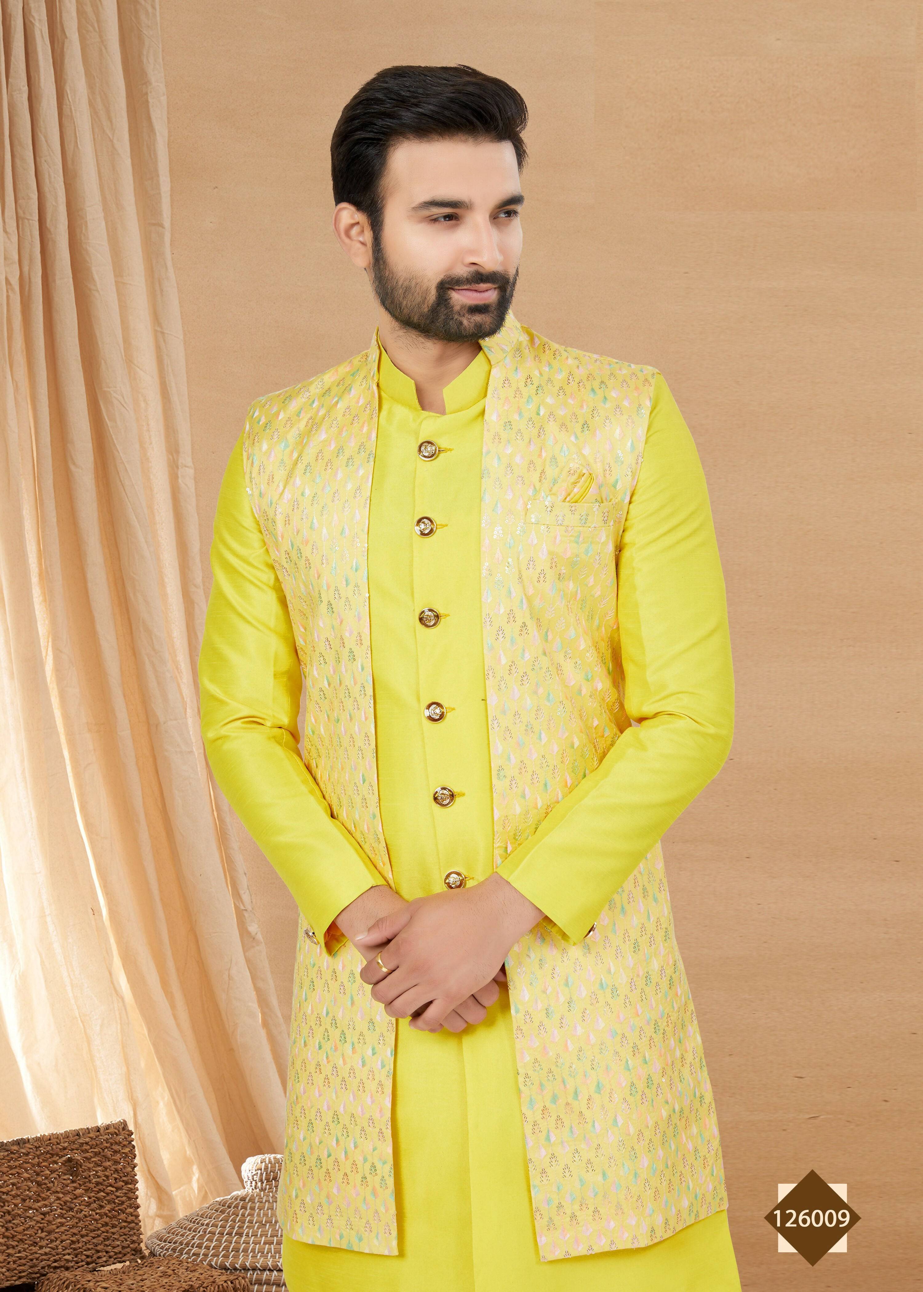 Joban Fashion Men's Lemon Yellow Heavy Art Silk Double Finish Plain Indowestern | Grocsy