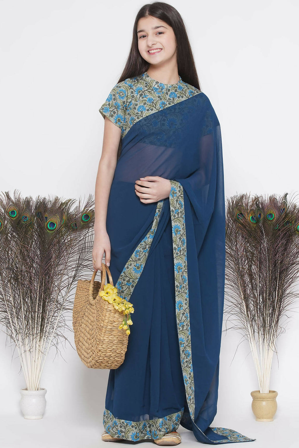 Little Bansi Floral Print Ready To Wear Saree And Floral Blouse - Blue | Grocsy