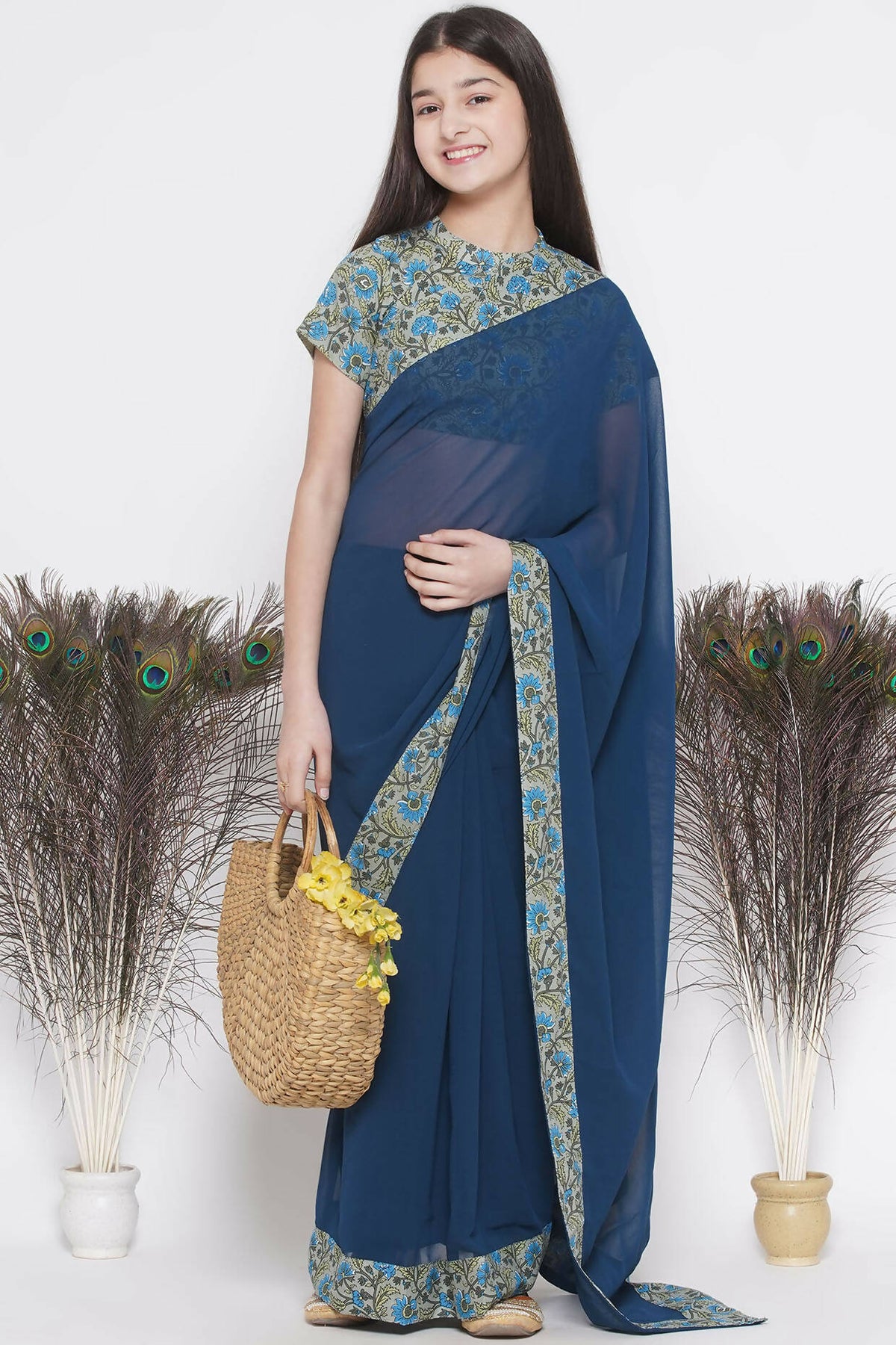 Little Bansi Floral Print Ready To Wear Saree And Floral Blouse - Blue | Grocsy