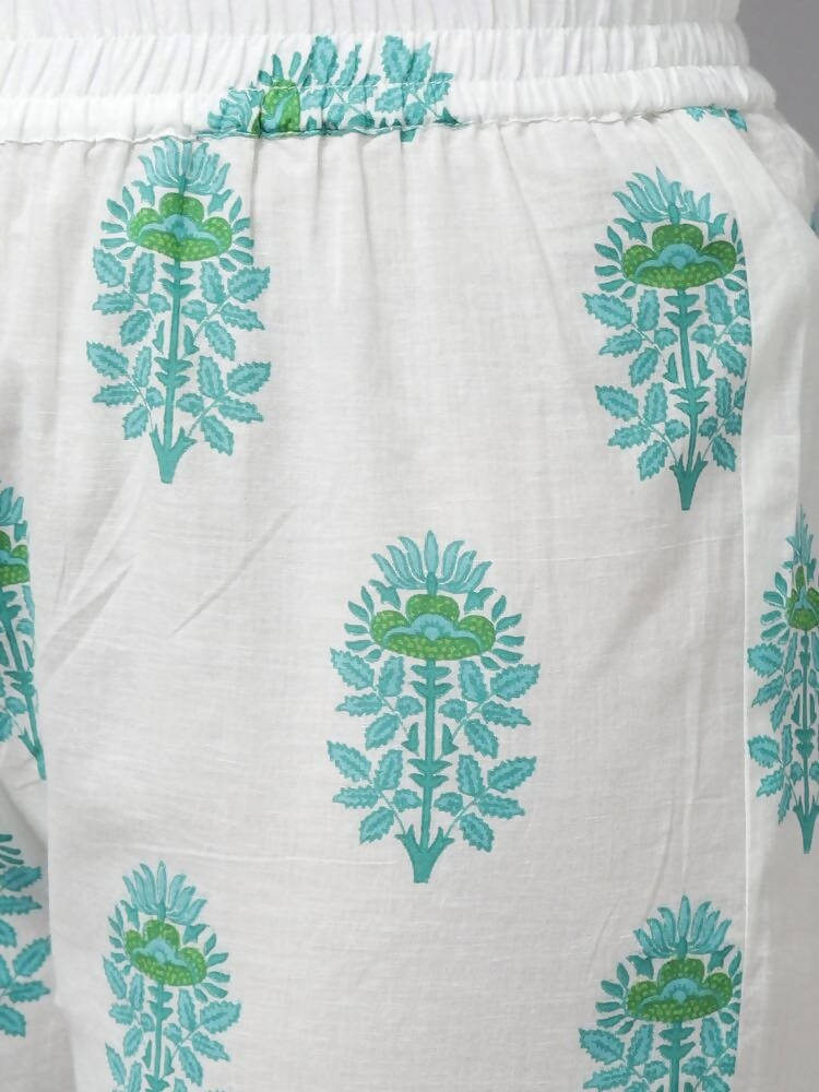 Yufta Green & White Ethnic Motifs Printed Mirror Work Kurta with Palazzo & Dupatta | Grocsy