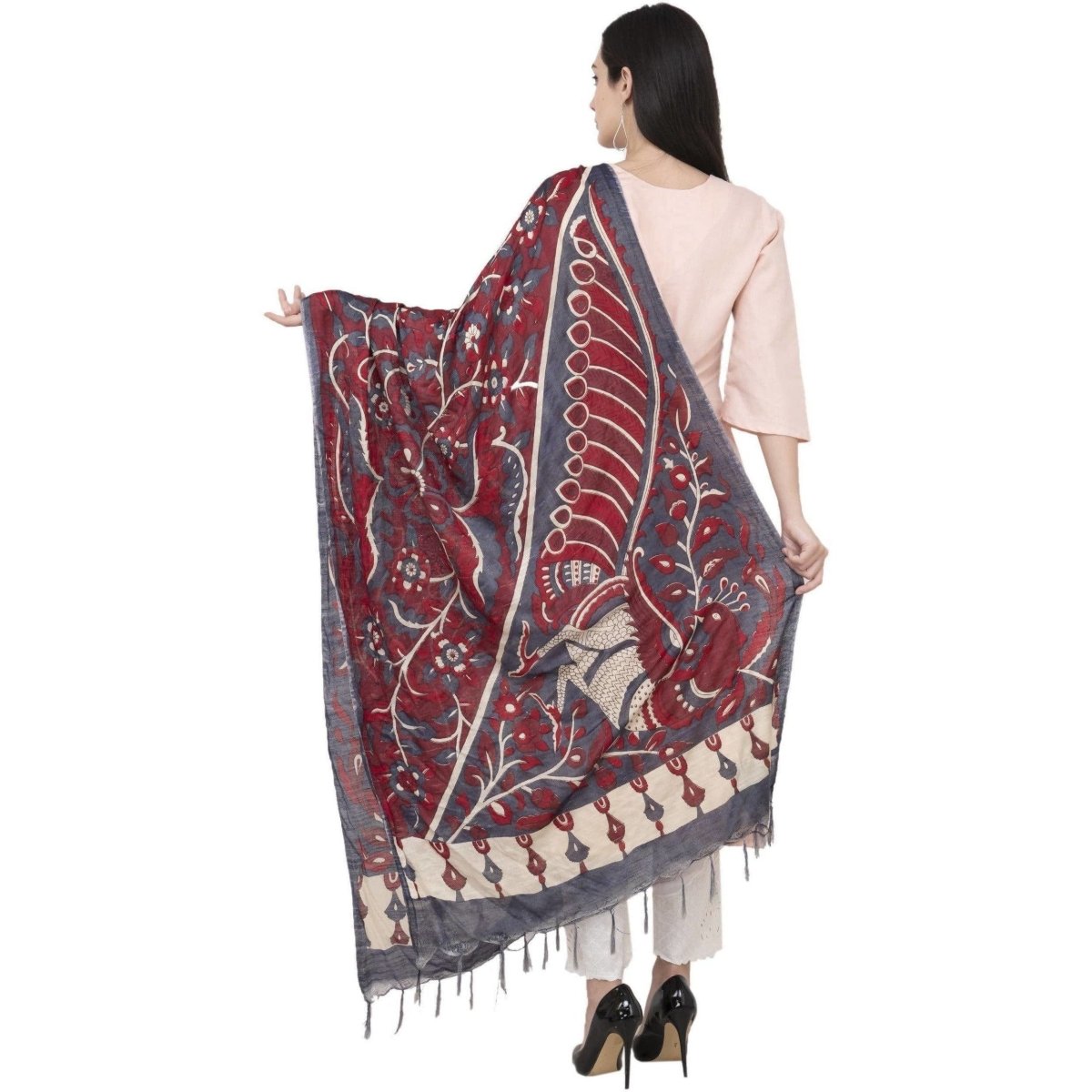 A R Silk Modal Kalamkari Print Fancy Maroon Coloured Dupatta | Grocsy