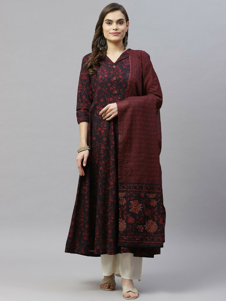 Miravan Women's Pure Floral Printed Anarkali Kurta With Gold Print Dupatta | Grocsy