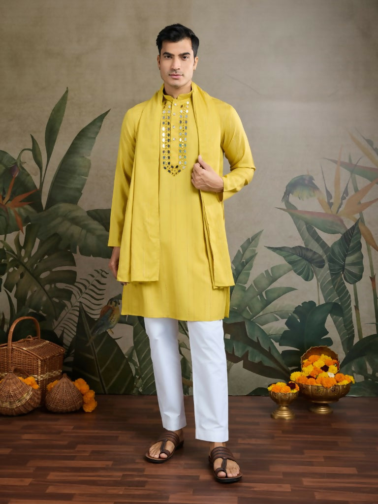 Vastranavya Yellow Exclusive Viscose Silk Festival Wear Real Mirror Work Kurta with Dupatta | Grocsy