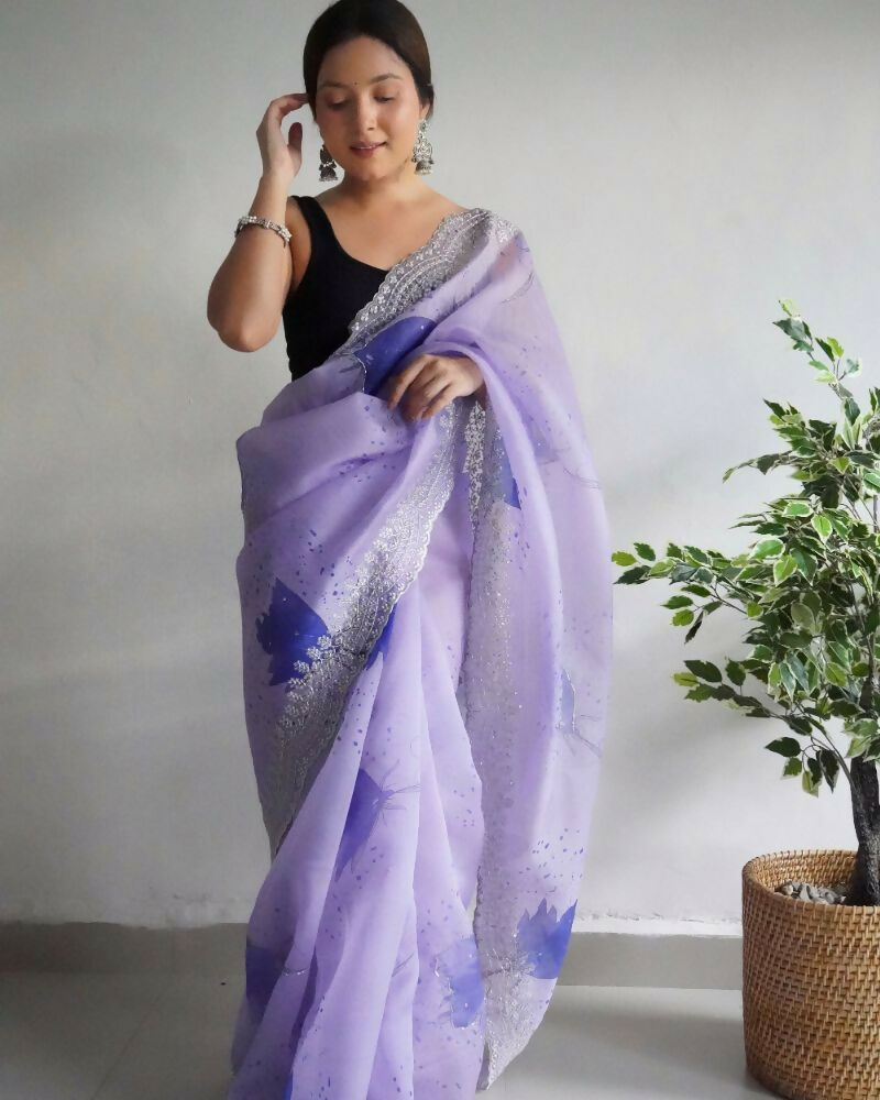 Vamsee Shirovastra Print Lavender Organza Saree | Grocsy