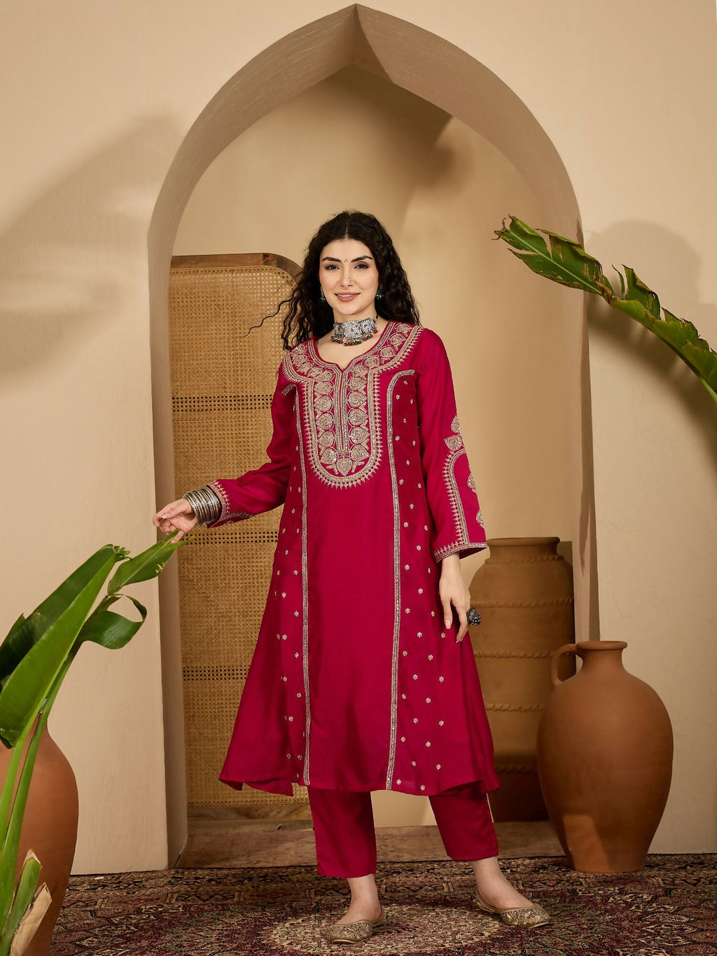 Joban Fashion Embroidery Red Vichitra Silk Kurta Set | Grocsy