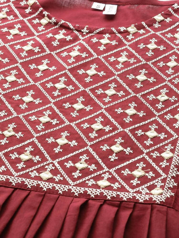 Yufta Women Rust Red & White Embroidered Mirror Work Yoke Design Cotton A-Line Dress | Grocsy