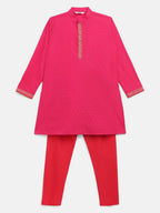 Ahalyaa Pink Crepe Orange Khari Print Kids Kurta Churidar Set For Boys | Grocsy