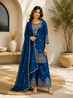 Teeya Creation Blue Embroidered Silk Palazzo Suit With Dupatta | Grocsy