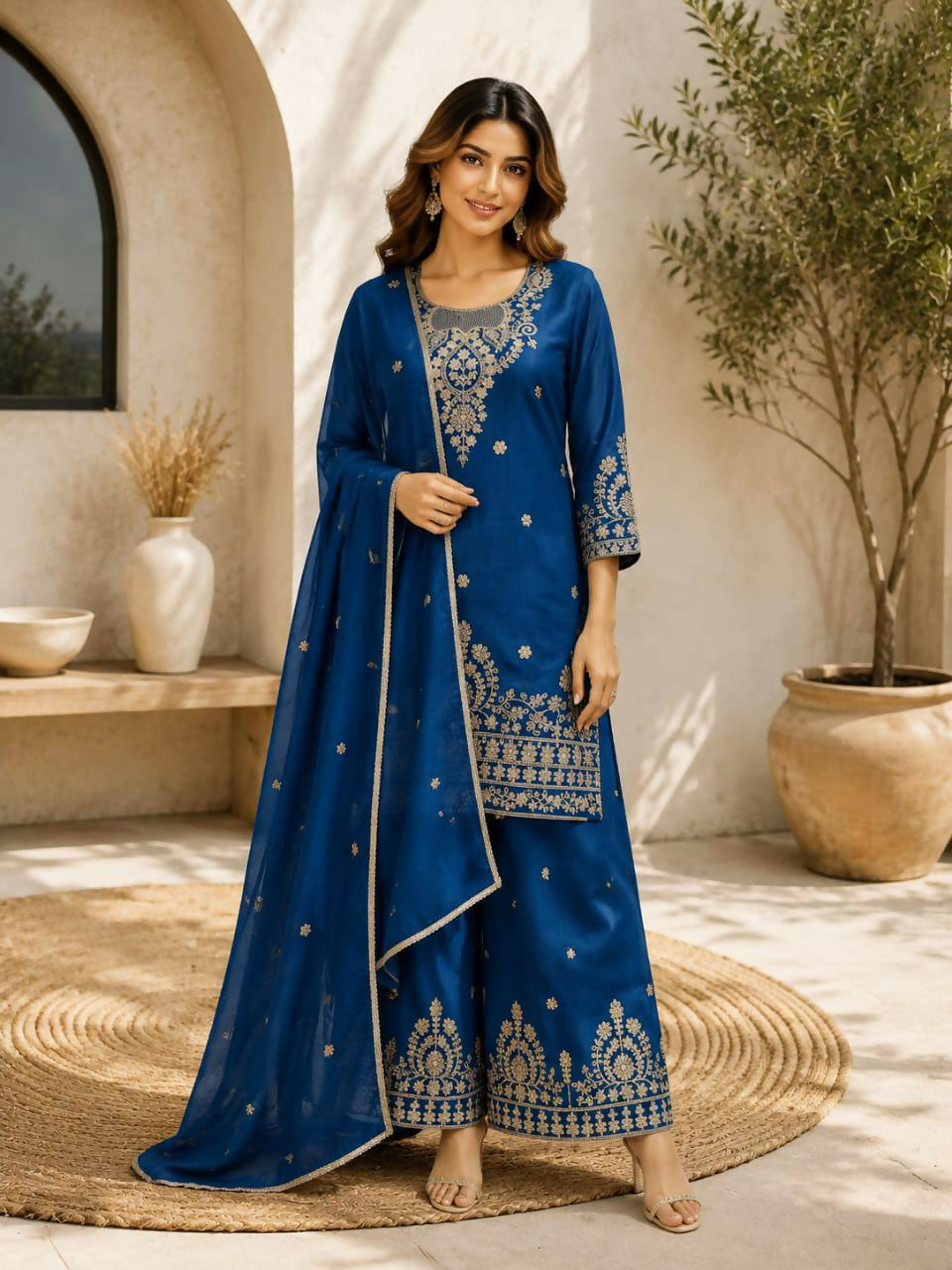 Teeya Creation Blue Embroidered Silk Palazzo Suit With Dupatta | Grocsy