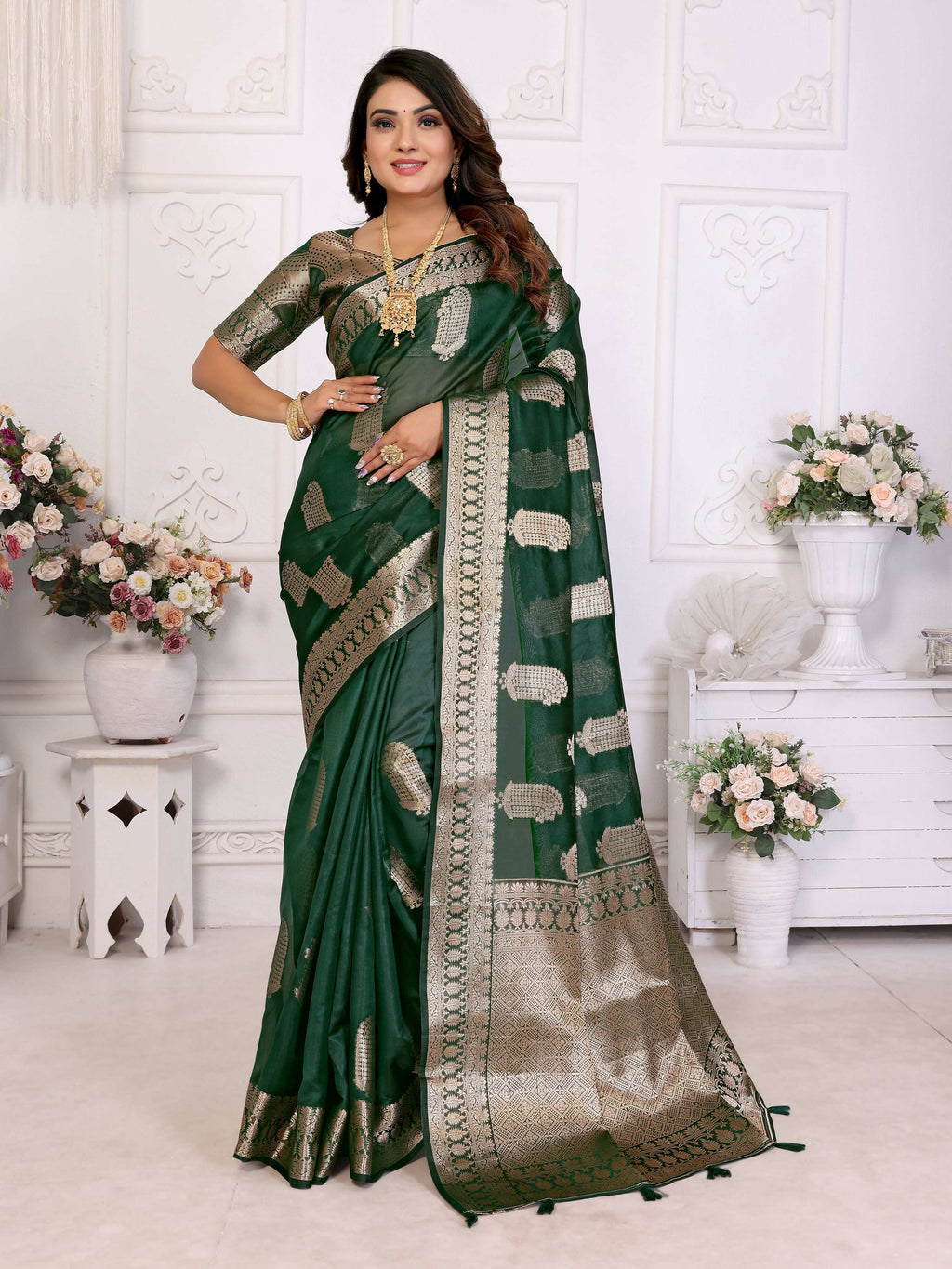 Aastha Fashion Green Soft Organza Silk Weaving Saree | Grocsy