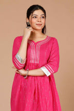 Miravan Women's Pink Printed A-Line Gotta Patti Lurex Cotton Kurti With Sharara | Grocsy