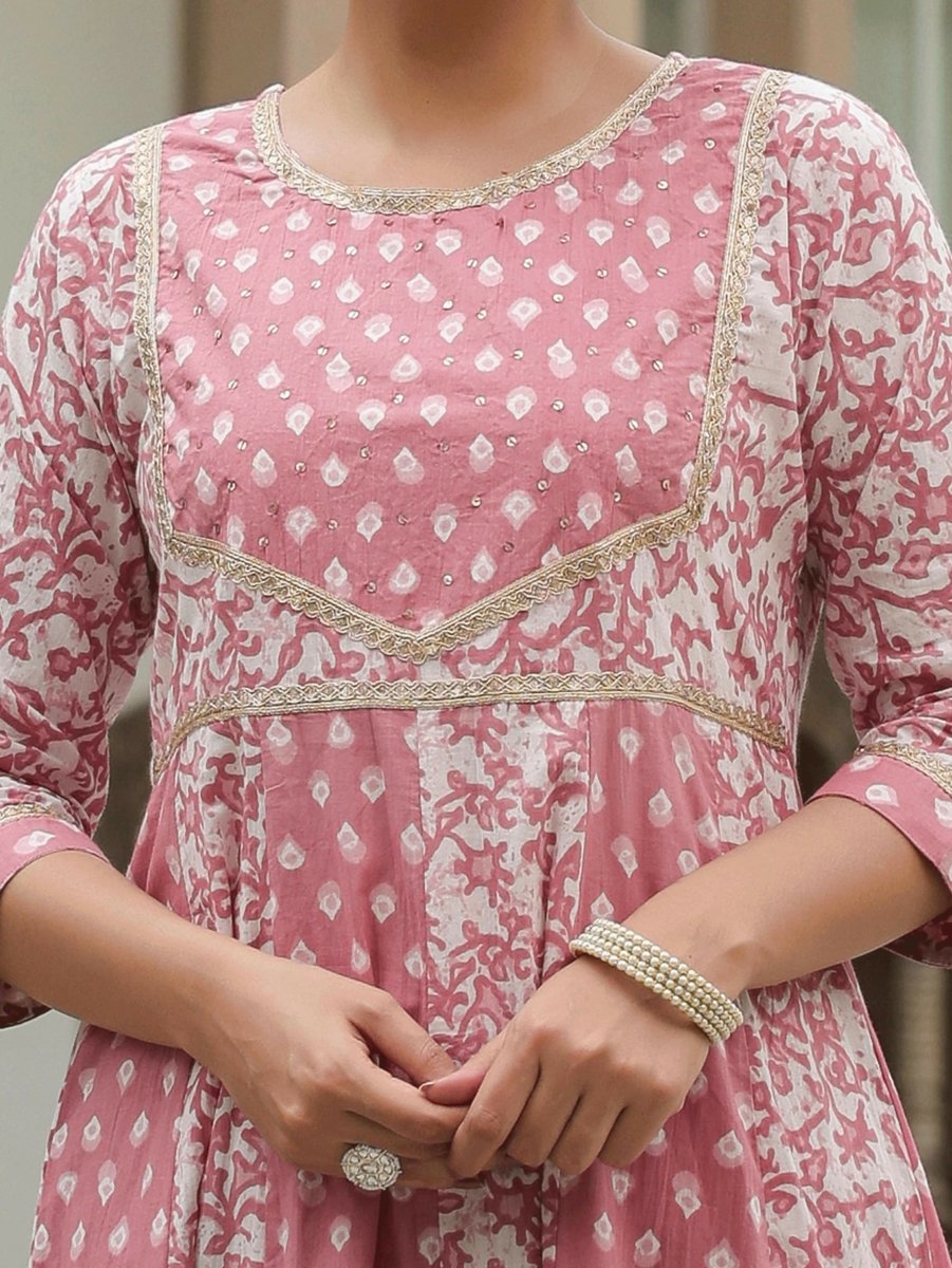 Aramya Anarkali Soft Cotton Block Print Women's Kurta - Pink | Grocsy