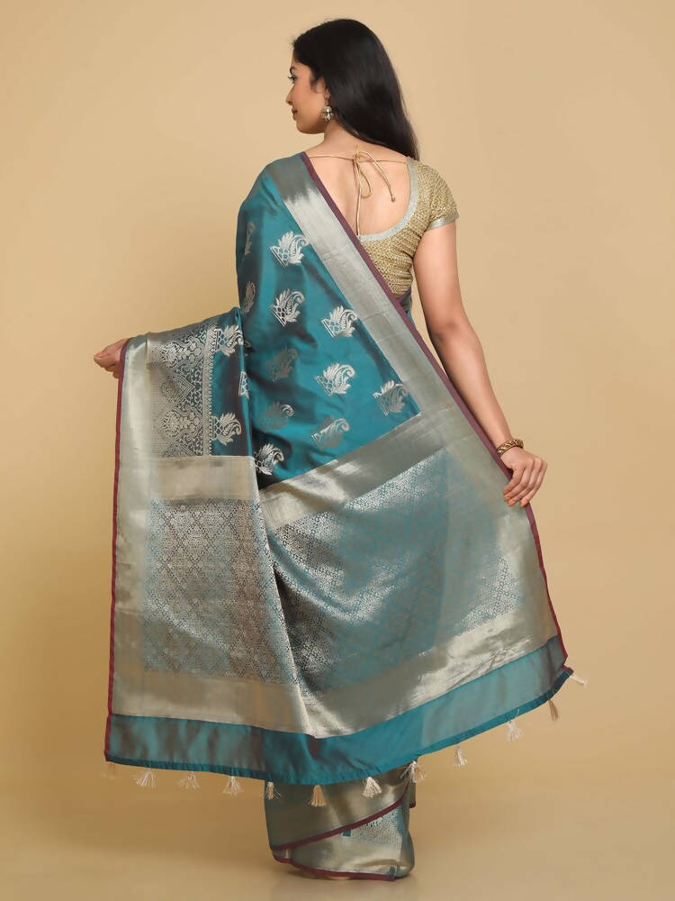 Kalamandir Ethnic Motifs Sea Green Silk Blend Saree | Grocsy
