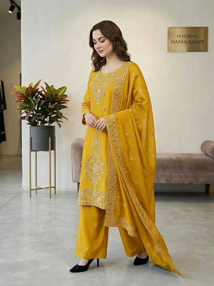 Teeya Creation Yellow Color Gimmychu Silk Embroidery Work Wedding Wear Salwar Suit | Grocsy
