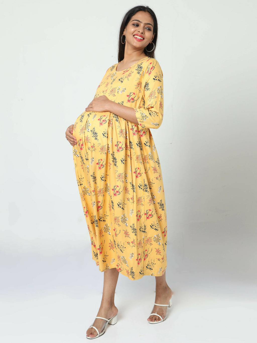 Manet Three Fourth Maternity Dress Floral Print With Concealed Zipper Nursing Access - Yellow | Grocsy