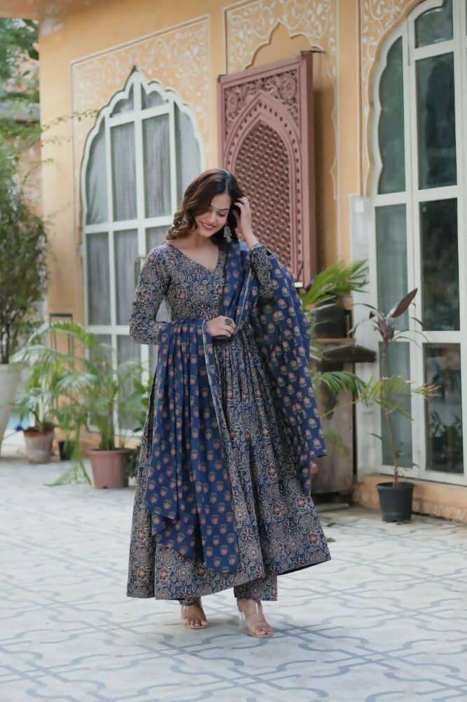 Vastranavya Navy Blue Pure Cotton Printed Top with Pant & Dupatta Set | Grocsy