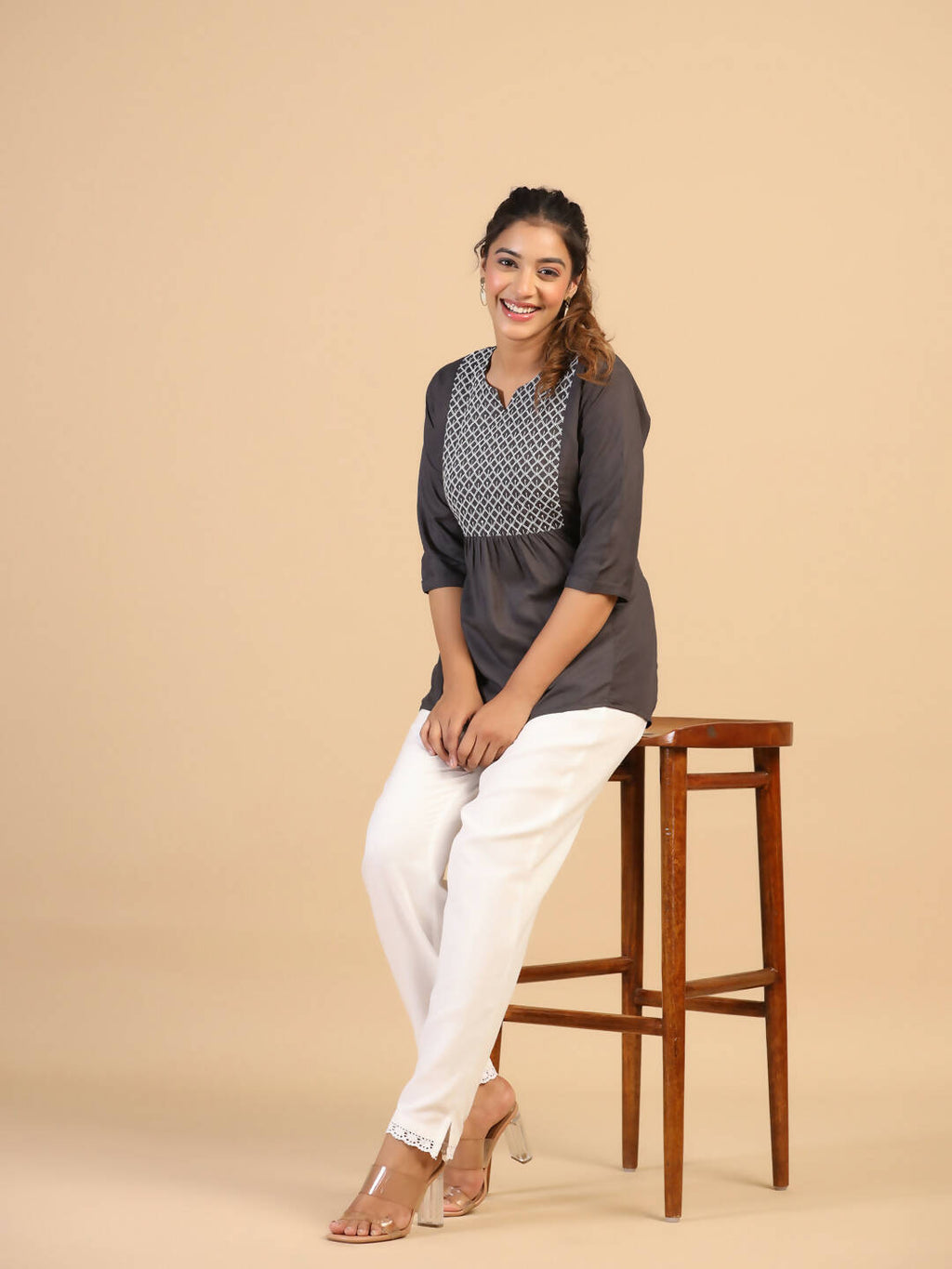 Womens Grey Rayon Yoke Embroidered Top - Keeva | Grocsy