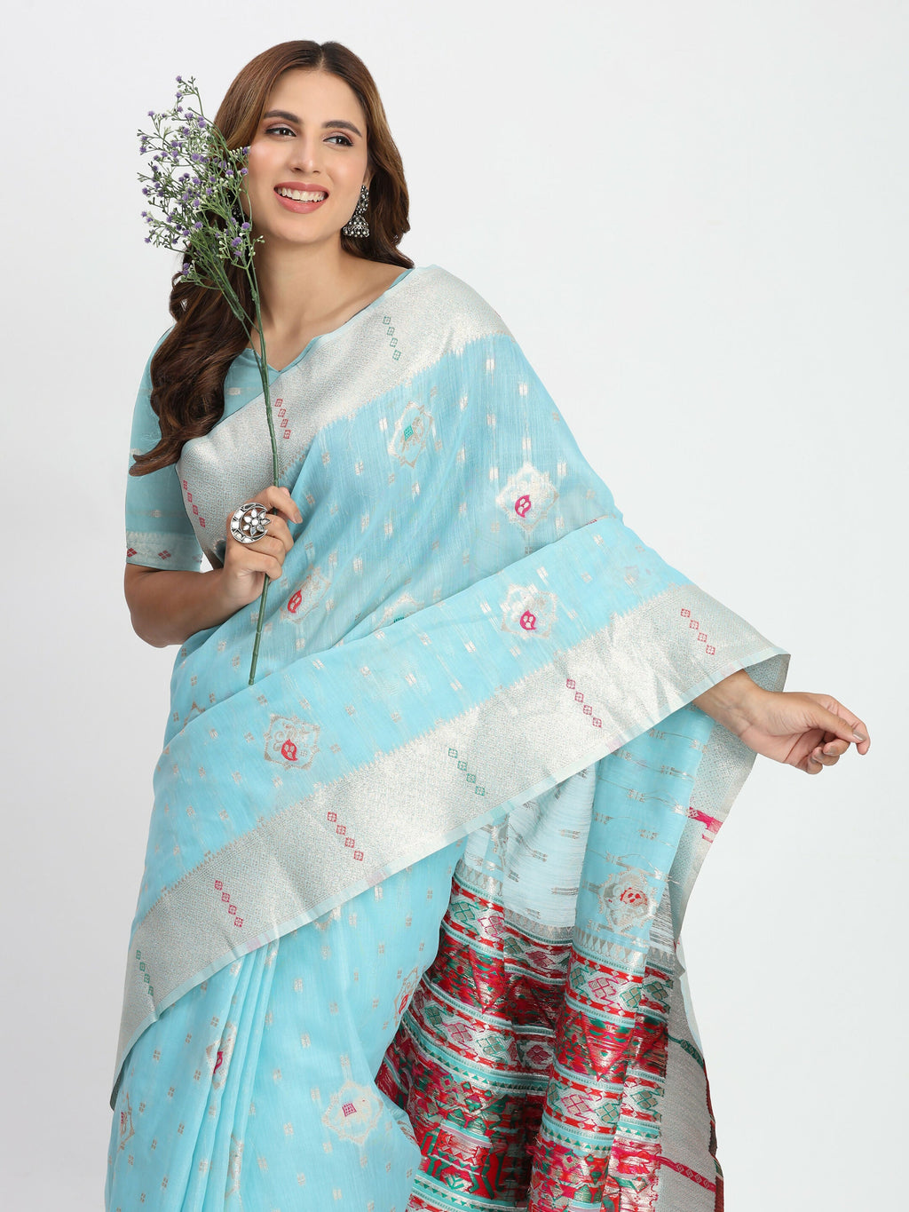 Shree Shyam Fashion Linen Cotton Sky Blue Saree | Grocsy