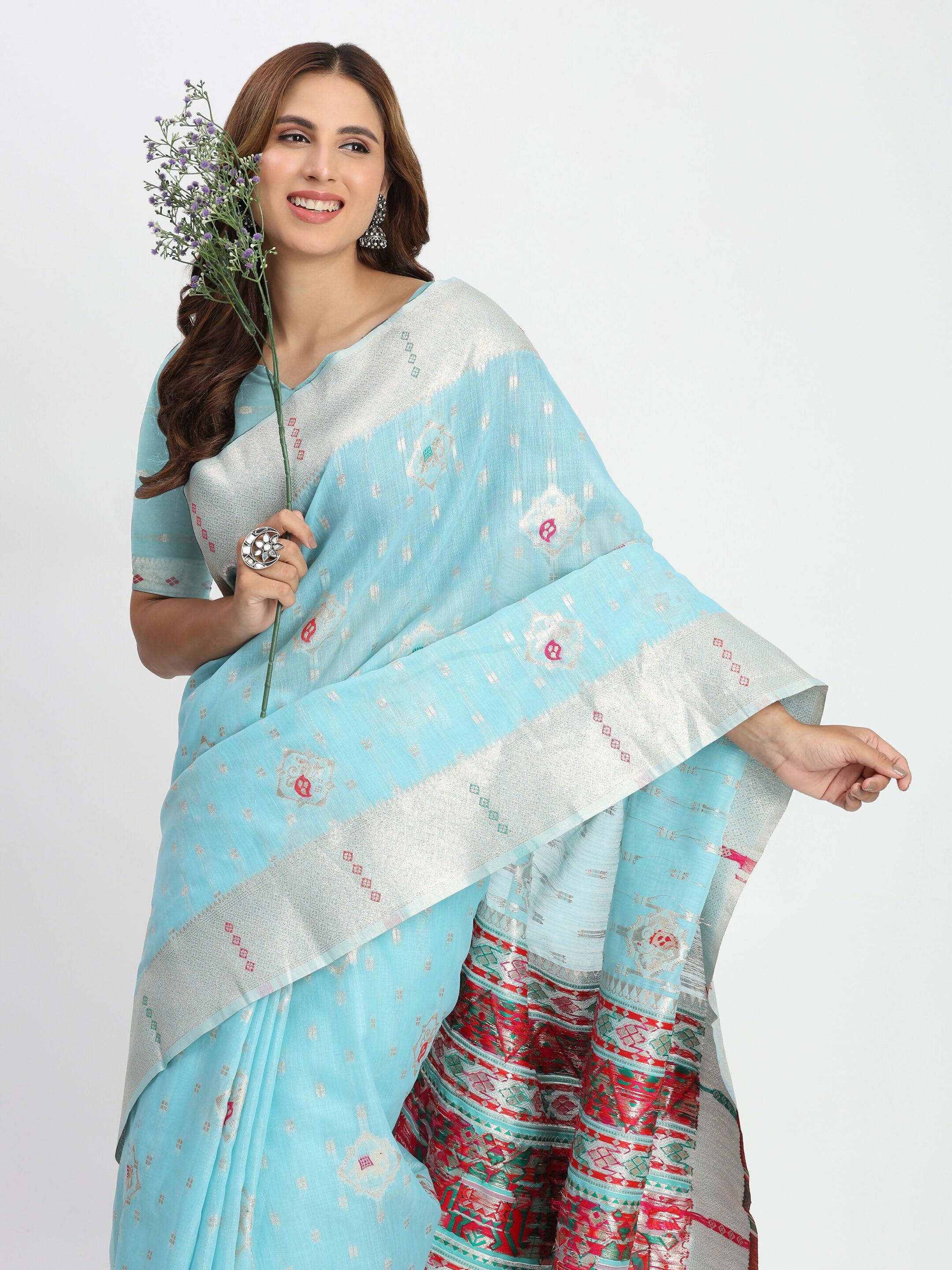 Shree Shyam Fashion Linen Cotton Sky Blue Saree | Grocsy