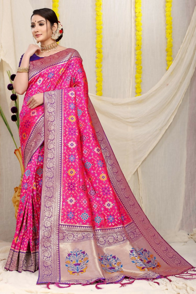 Jyoti Fashion Women's Rani Pink Patola Silk Zari Woven Saree with Blouse | Grocsy