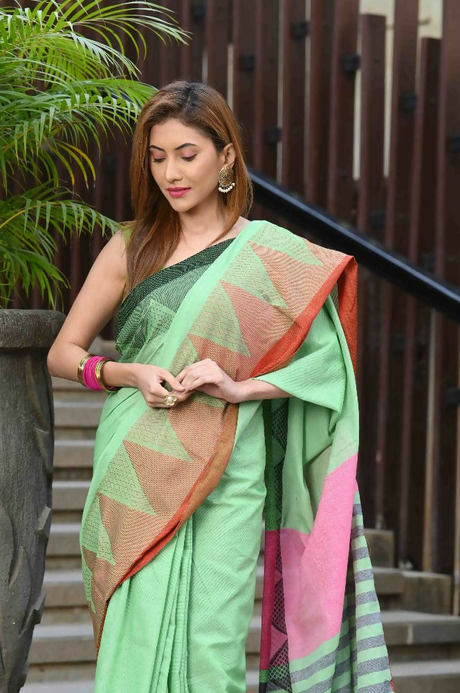 Beatitude Green Cotton Temple Border Handloom Saree | Grocsy