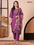 Purple Viscose Chanderi Embroidery Work Kurta Set - Riya | Grocsy