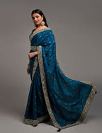 PR Fashion Petrol Chinon Embroidery Lace Saree | Grocsy
