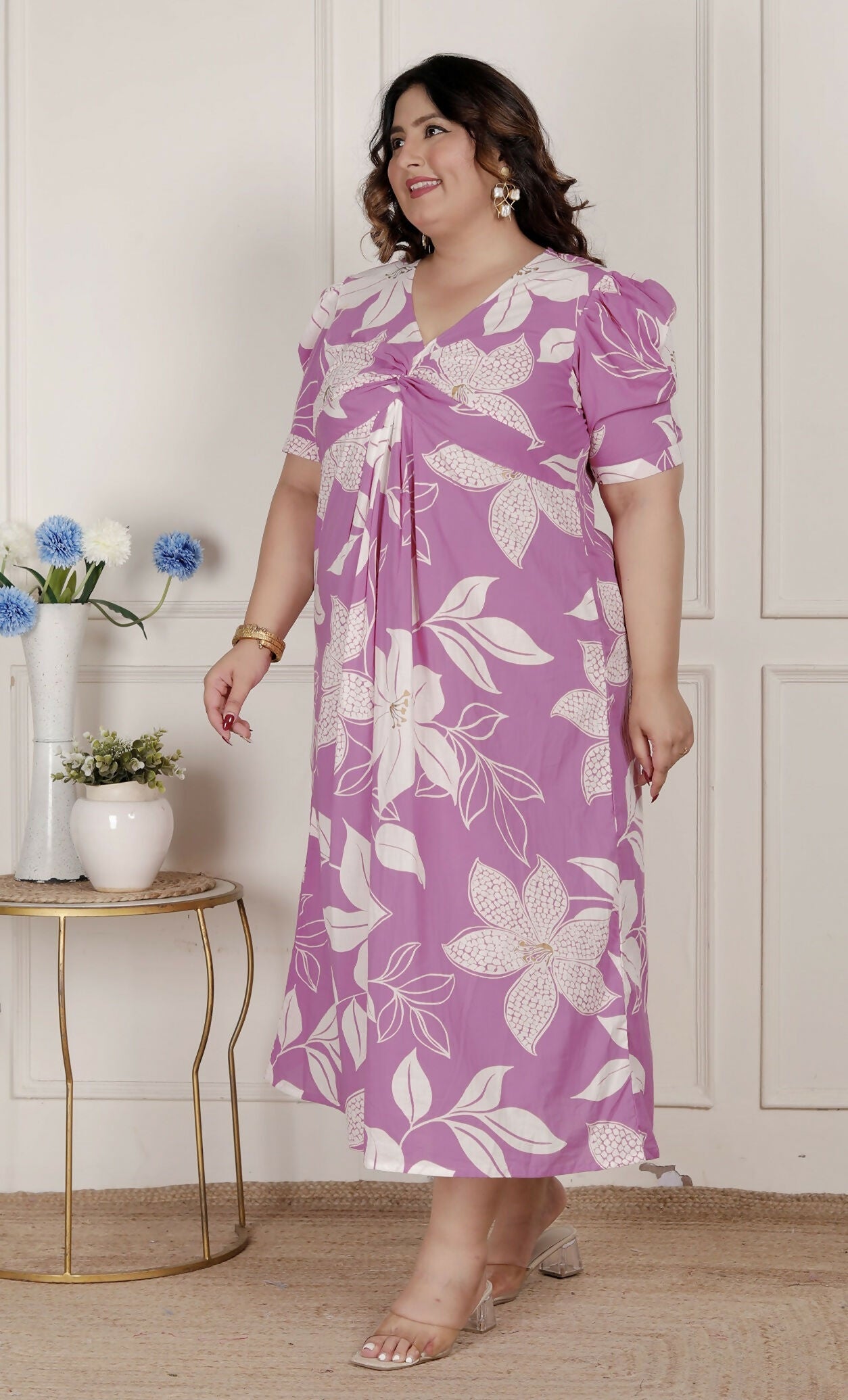 Miravan Womens Plus Size Pink Floral Print Puff Sleeve Pure Cotton Fit Flare Butterfly Maxi Dress | Grocsy