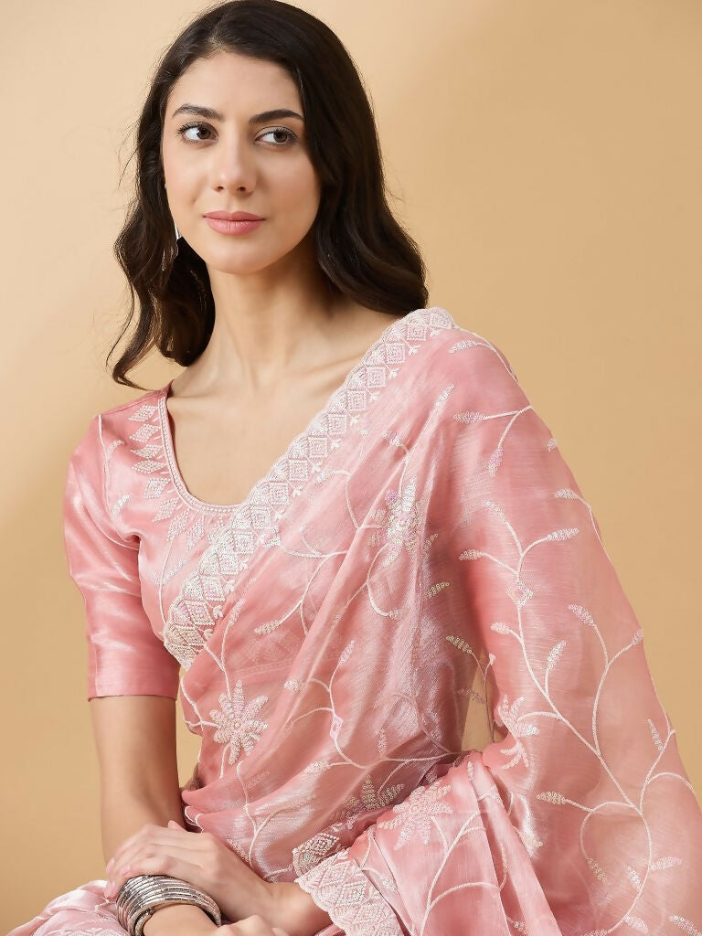 Peach Tissue Slub Embroidered Saree with Unstitched Blouse - Vairagi | Grocsy