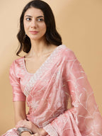 Peach Tissue Slub Embroidered Saree with Unstitched Blouse - Vairagi | Grocsy