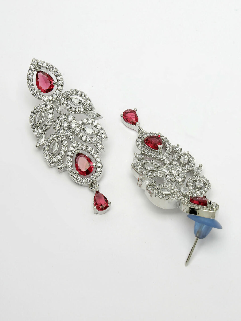 NVR Women's silver plated Maroon CZ stone handcrafted jewellery set | Grocsy
