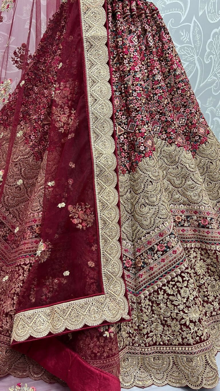 Jyoti Fashion Women's Maroon Velvet Fancy Dori & Sequins Multi Thread Embroidered with Diamond Work Wedding Lehenga Choli | Grocsy