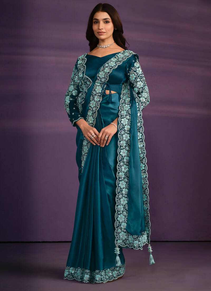 Light Blue Crepe Satin Silk Embroidered Saree With Stitched Blouse - Mohmanthan Exotica | Grocsy