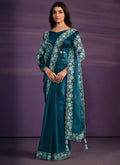 Light Blue Crepe Satin Silk Embroidered Saree With Stitched Blouse - Mohmanthan Exotica | Grocsy