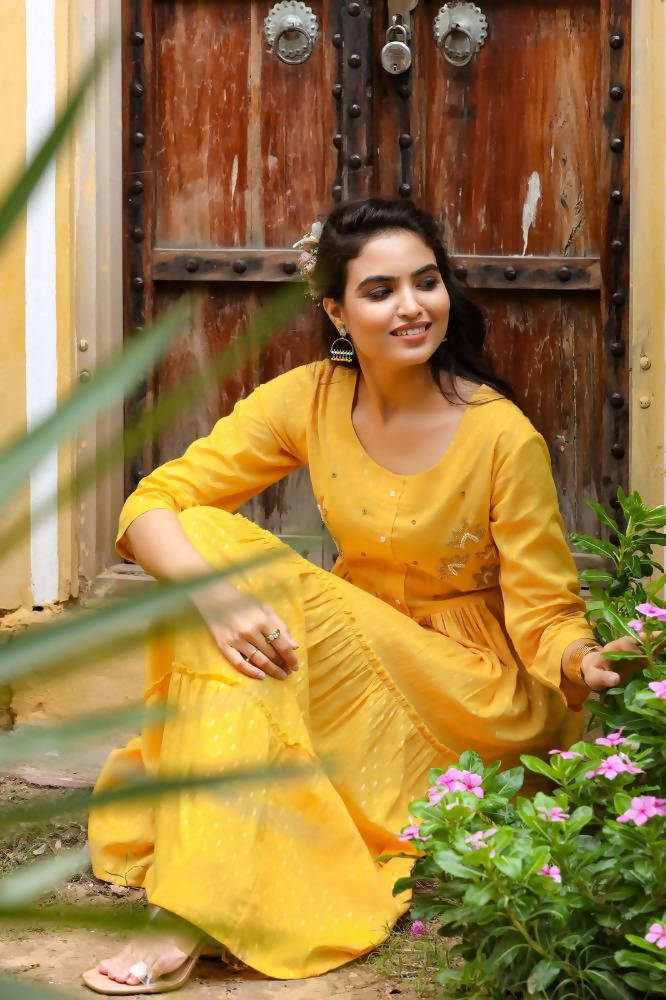 Yufta Yellow Cotton Dobby Dress | Grocsy