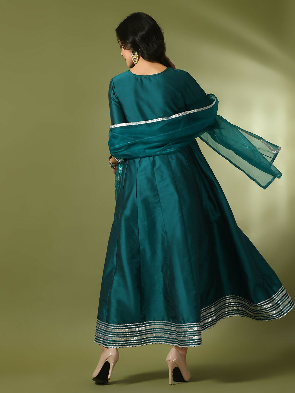 Myshka Women's Teal Solid Silk Anarkali Party Kurta With Dupatta | Grocsy