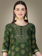 Jyoti Fashion Women's Dark Green Cotton Magic Slub Embroidery & Sequence work Kurta with Trouser & Dupatta | Grocsy