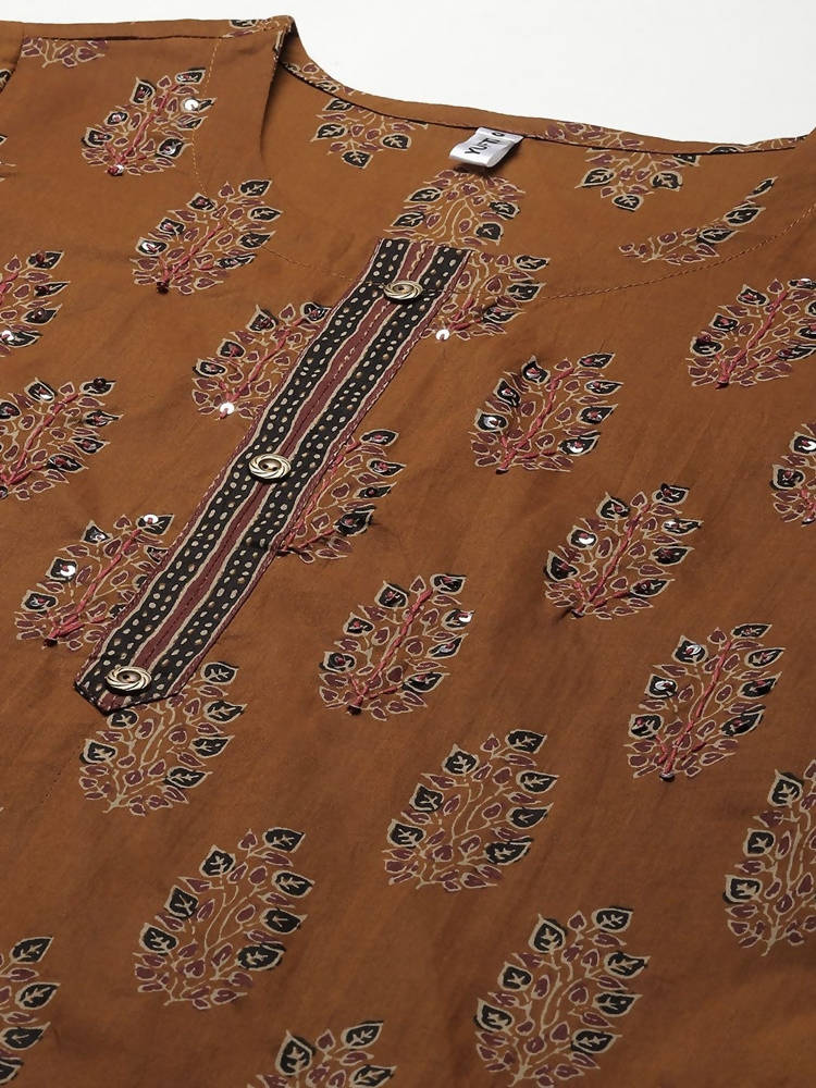 Yufta Women Mustard Brown Sequinned Pure Cotton Kurta with Trouser | Grocsy