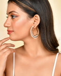 VOJ Women Gold-Polished Studded Beads Stainless Steel Double Circular Hoop Earrings | Grocsy