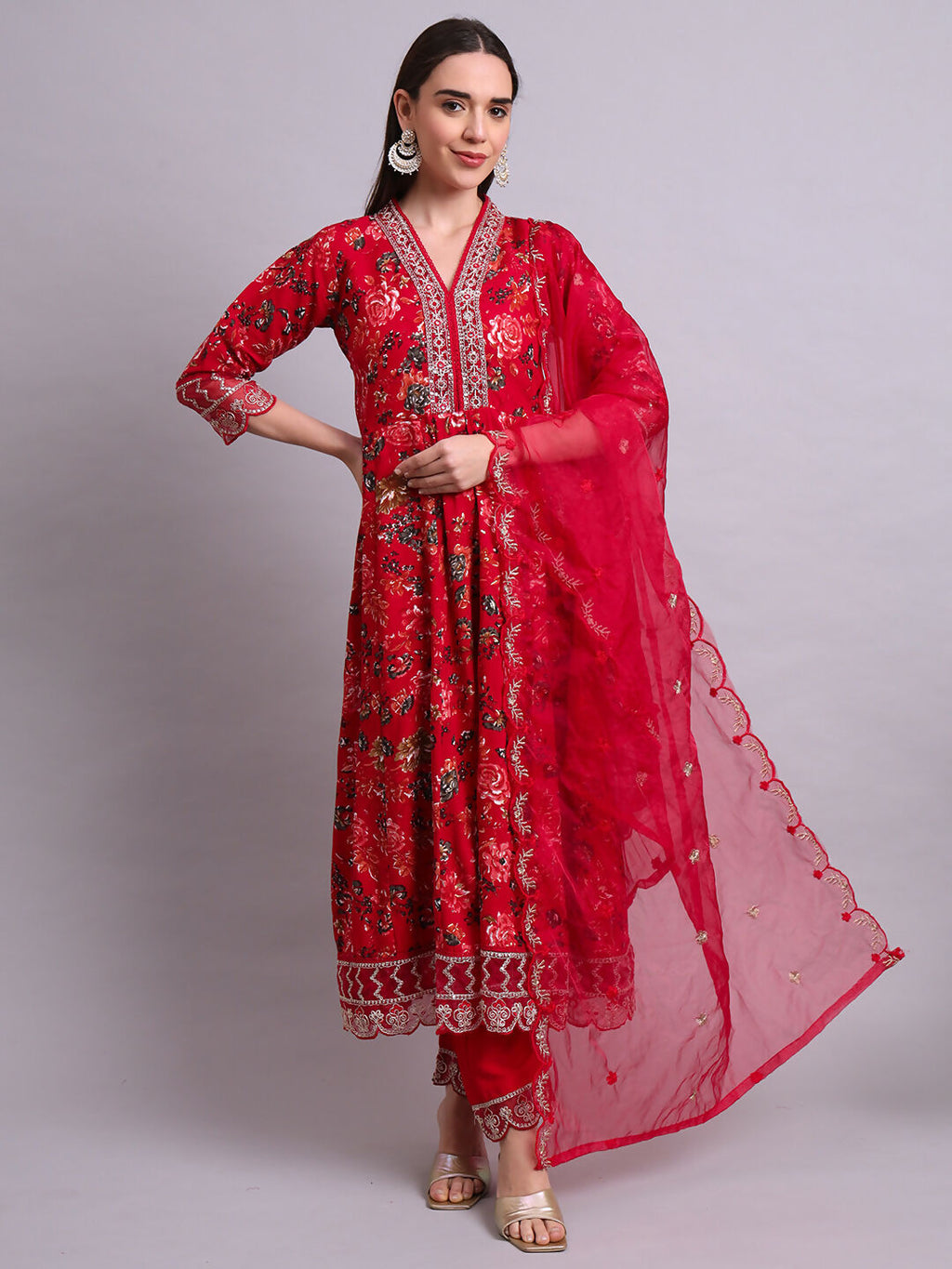 Joban Fashion Mahroon Cotton Floral Printed & Embroidery Work Anarkali Kurta With Trousers & Dupatta Set | Grocsy