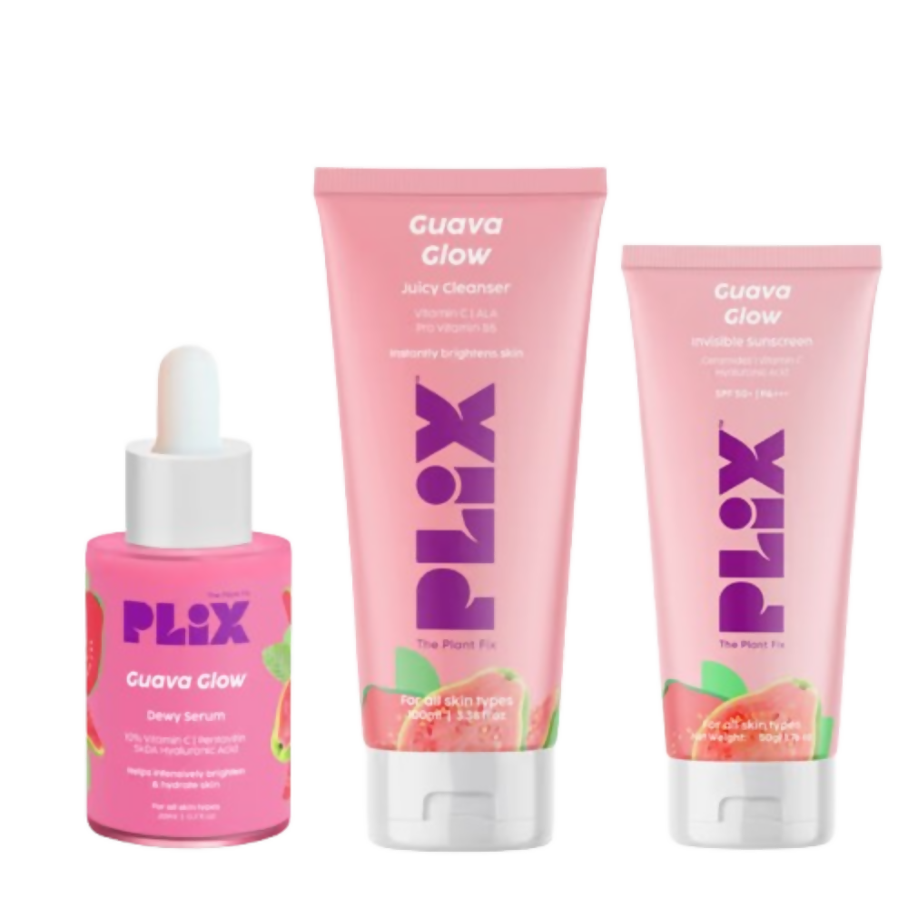 PLIX The Plant Fix Guava Glow Regime With Cleanser With 10% Vitamin C Serum & Invisible Sunscreen | Grocsy