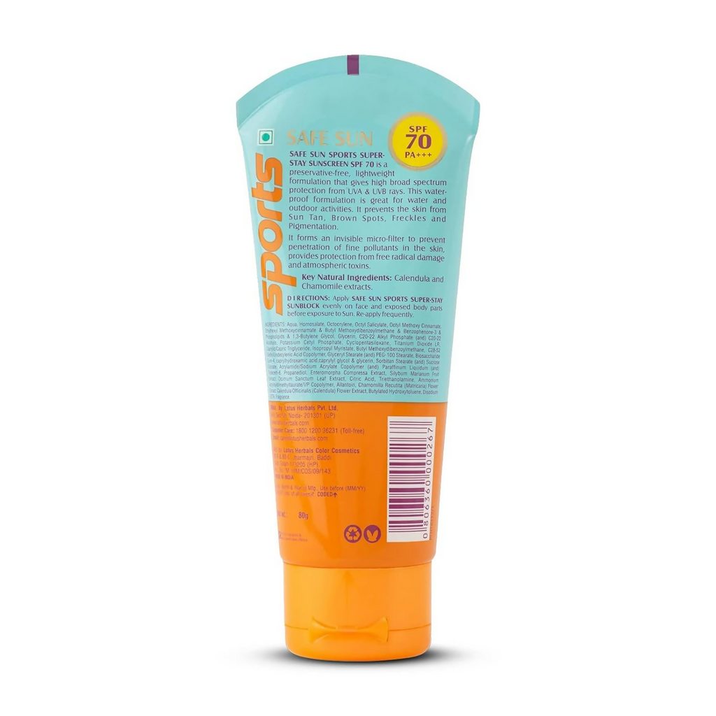 Lotus Herbals Safe Sun Sports Super Stay Sunscreen Cream SPF 70 PA+++ | Grocsy