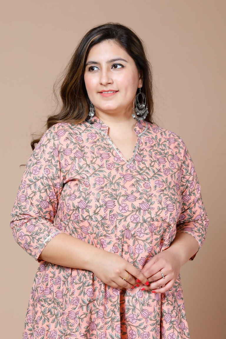 Miravan Women's Orange Plus Size Cotton Floral Printed Anarkali Kurta | Grocsy