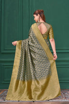 Grey Tussar Silk Jacquard Abstract Digital Print Saree with Unstitched Blouse - Mohira | Grocsy