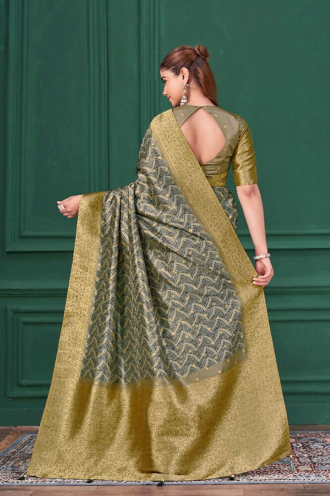 Grey Tussar Silk Jacquard Abstract Digital Print Saree with Unstitched Blouse - Mohira | Grocsy