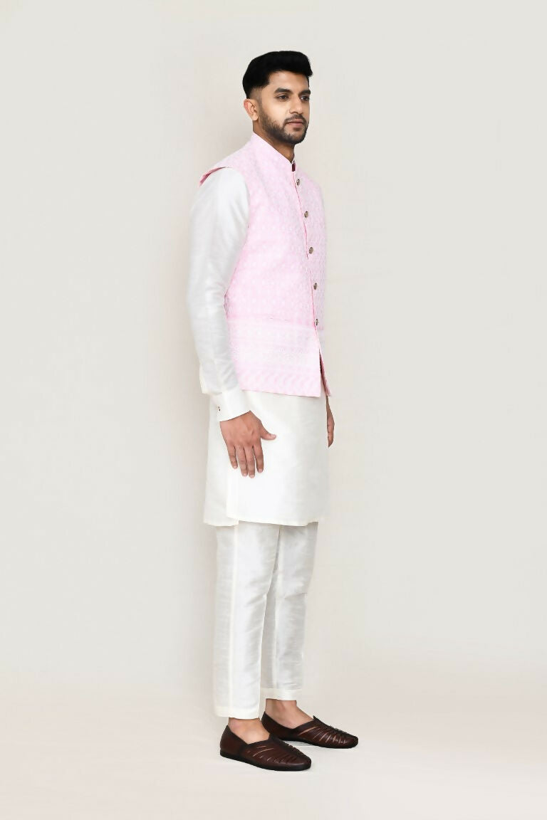 Joban Fashion White Colored Art Silk Fabric Kurta, Jacket With Straight Fit Pant | Grocsy
